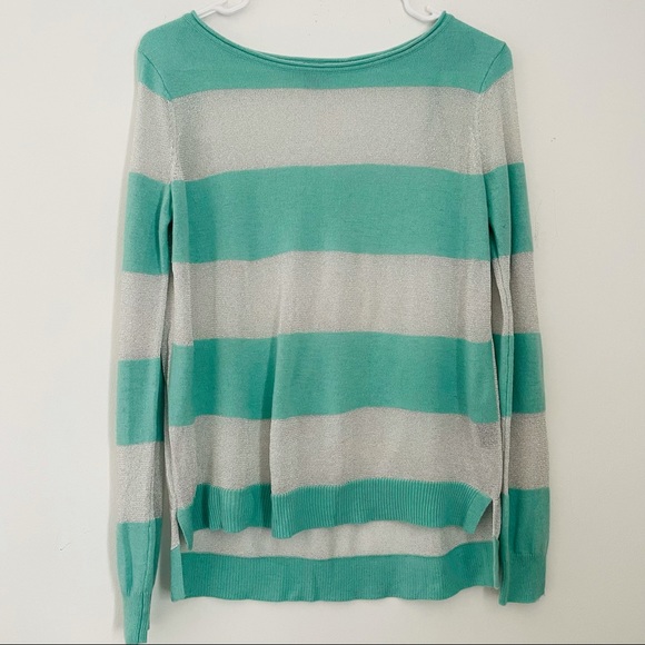 VINCE CAMUTO Mint Green Sparkly Silver Striped Sweater - Size Small - Picture 5 of 16